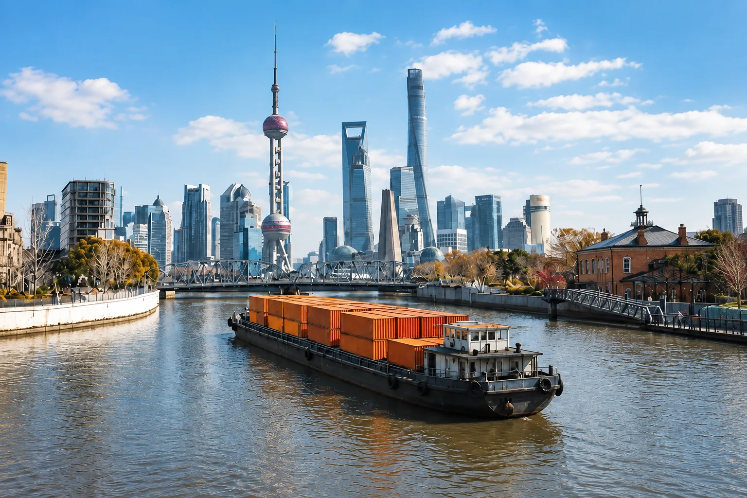 Shanghai waterfront with an orange cargo boat and skyline