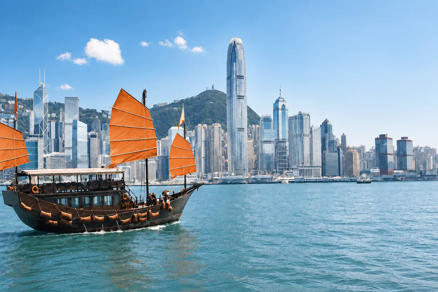 Hong Kong harbour with an orange-sailed junk boat and skyline