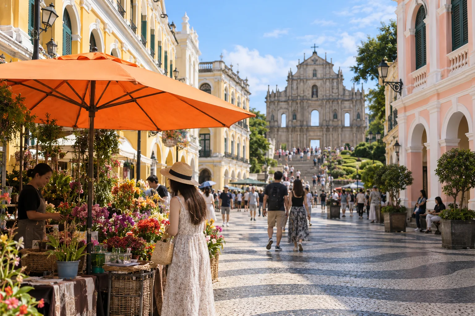 Macau historic street with an orange market canopy