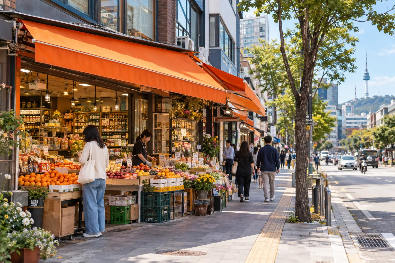 Seoul retail street with an orange-awning grocery market