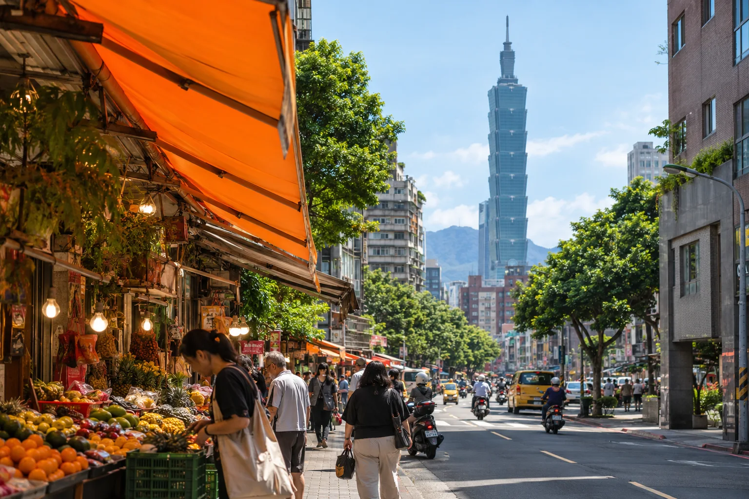 Taipei street market with an orange canopy and Taipei 101
